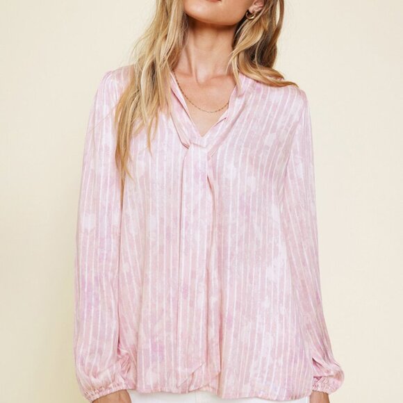 MYSTREE  Pink Tie Neck Blouse – Long Sleeve Striped Top - Picture 4 of 8